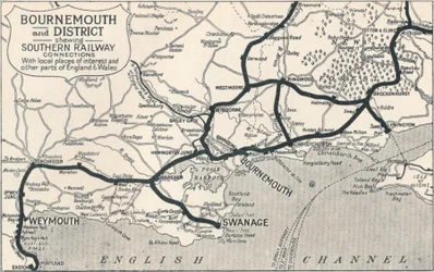 Bournemouth e Distrito, mostrando as conexões da Southern Railway, 1929