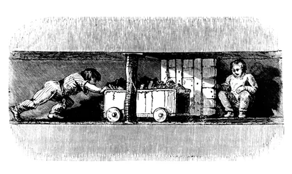 Menino empurrando um caminhão carregado com carvão da face do carvão para o fundo do poço do poço, c1848