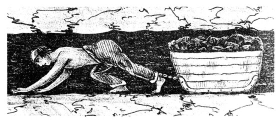 Putter de menino arrastando um trenó de carvão ao longo de uma costura estreita, South Wales, 1848