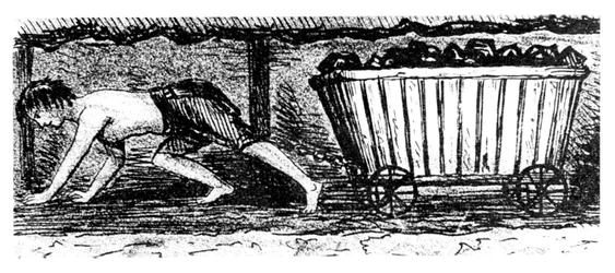 Putter de menino desenhando um caminhão contendo carvão ao longo de uma costura de 24 polegadas de altura, Halifax, Yorkshire, 1848
