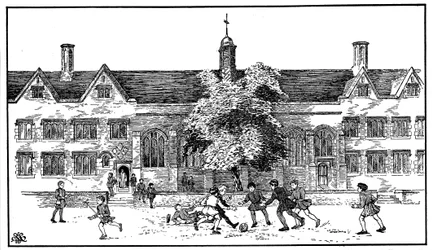 Garotos do tempo Tudor jogando futebol na Berkhamsted Grammar School, Hertfordshire