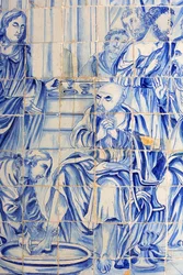 Brasil, Bahia, Salvador : Azulejo na igreja do Bonfim : Jesus lavando os honorários de um discípulo