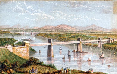 Ponte tubular Britannia sobre o estreito de Menai, país de Gales, c1850s