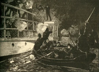 Forças britânicas que capturam o navio rebelde canadense Caroline no Rio Niagara, 1837 c1890.