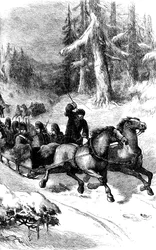 Tropas britânicas transportadas pelo Canadá no inverno, c1860s c1880