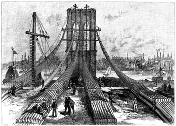 Ponte suspensa de Brooklyn, Nova York, EUA: ancoragem de cabos na costa do Brooklyn, 1883