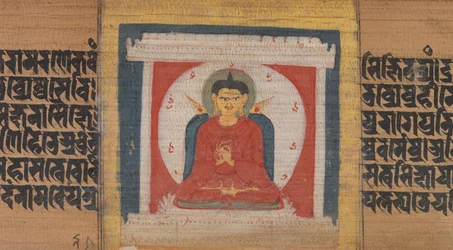 Buda entronizado em um santuário, folha de ... Pancavimsatisahasrika Prajnaparamita ..., ca. 1090