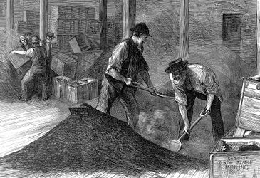 Chá de volume nos armazéns da East & West India Dock Company, Londres, 1874