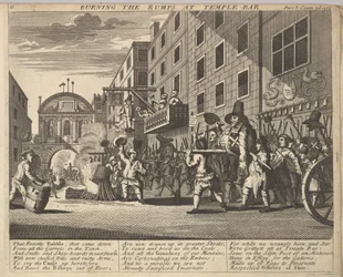 Queimando as protuberâncias na barra do templo Placa 11: Ilustrações para Samuel Butlers Hudibras, 1725-30.