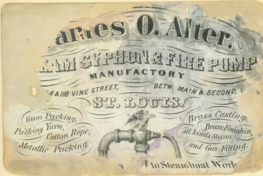 Cartão de visita de James O. Alter, fabricante de sifão de vapor e bomba de incêndio, St. Louis, ca. 1870