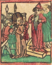 Caifás rasgando suas roupas, provavelmente 1449.