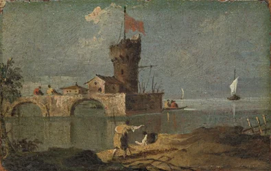 Capriccio com torre circular, duas casas e ponte, do século XVIII.