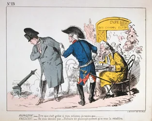 Caricatura de Napoleão I assistindo a queda da Colonne de Vendome, comuna de Paris, 1871.