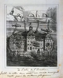 Proposta de cartum para reconstruir o Hotel de Ville debaixo d&39;água para impedir incêndio, Paris Commune, 1871.