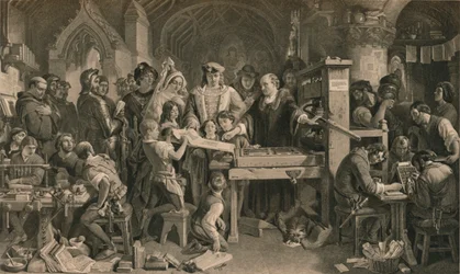 Caxton mostrando o primeiro exemplar de sua impressão para o rei Eduardo IV em Westminster, c1477 1905