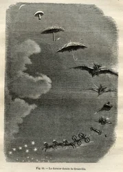 Metamorfose Celestial: O sonho de uma jovem que contempla a lua, que se transforma num cogumelo, guarda-chuva, morcego... e finalmente num tanque do Grande Urso (último desenho de Jean-Isidore Gerard, dit J.J. Grandville
