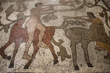 Mosaico da nave central no chão de Otranto duomo : cavaleiros, Otranto, Itália