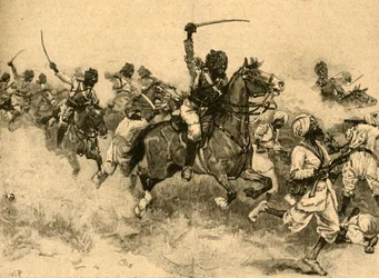 Carga da cavalaria na batalha de Miani Meeanee, Sindh, Índia, 1843 c1890.