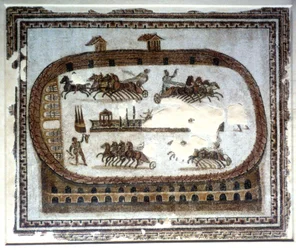Corrida de carruagens na arena, mosaico romano, século II