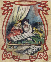 Crianças vendo um livro ilustrado para ilustrar o alfabeto. Quarta capa do álbum drolatic . Série número 4 em Álbuns - cromo sobre tela. Cromolitógrafos sobre tecido. Imaging Marcel Vagne, Jarville-Nancy, início do século 20. Dim: 25x17,5cm