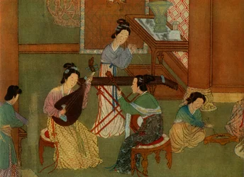 Alaúde chinês pi-pa, lua guitarra yue-queixo e mesa cítara tchin, detalhe de uma pintura em seda de