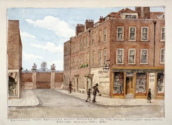 Chiswell Street com entrada para o terreno da Royal Artillery Company, Finsbury, Londres, 1880