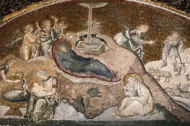 Chora Church Museum : nascimento de Jesus mosaico (Maria descansando após o parto, José sentado) Istambul Turquie