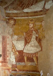 Igreja (Église Saint-Martin). Interior. A abside. Quadros de parede (fresco). Pormenores. Jesus na corte de Herodes. Século XII.
