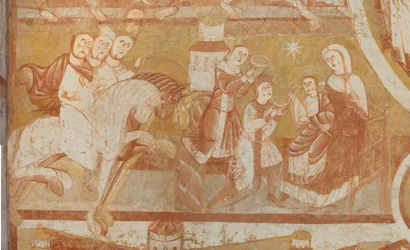 Igreja (Église Saint-Martin). Interior. Quadros de parede (fresco). Parede oeste da nave. Pormenor. Chegada dos reis magos, adoração dos reis magos. Século XII.
