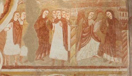 Igreja (Église Saint-Martin). Interior. Quadros de parede (fresco). Parede oeste da nave. Pormenor. Acusação e Anunciação da Virgem. Século XII.