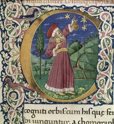 Claudius Ptolomeu. Detalhe de uma Cosmographia inicial C historiográfica, segunda metade do século XV.