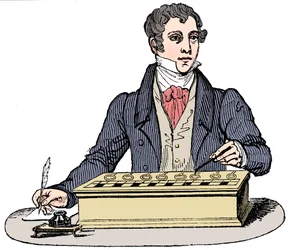 Balconista usando uma máquina de adicionar Pascal, 1835