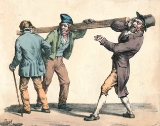 Desajeitado homem carregando um pedaço de madeira, do século XIX.