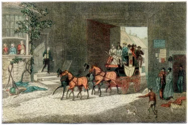 Ônibus chegando no quintal de uma pousada, 1890