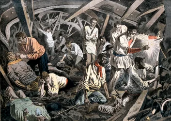 Mineiros de carvão presos no subsolo por uma queda no telhado, Courrieres Mines, Pas-de-Calais, França, 1906