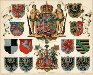 Brasão de armas do Reino da Prússia e províncias Meyers Großes Konversations-Lexikon, 1883.