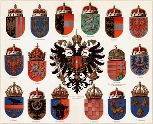 Brasões dos condados da Áustria-Hungria e pequeno brasão nacional austríaco, c. 1907.
