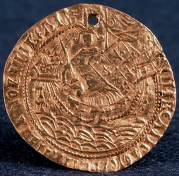 Moeda Korabelnik do czar Ivan III, reverso: governante em seu navio, 1471-1490