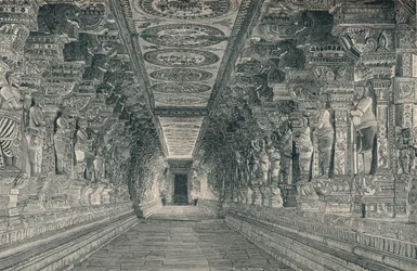 Colunata no interior do templo hindu na ilha de Rameswaram, sul da Índia, c1903,