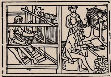 Pentear, fiar e tecer lã. De Speculum Vitae Humanae por Rodericus Zamorensis, 1479.