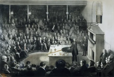Palestra do físico Michael Faraday (1791-1867) na Instituição Real em Londres, em 27 de Dezembro de 1855, na presença do Príncipe Alberto de Saxónia-Coburgo-Gotha