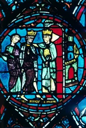 Constantino cumprimenta Carlos Magno em Constantinopla, vitral, Catedral de Chartres, França, c1225