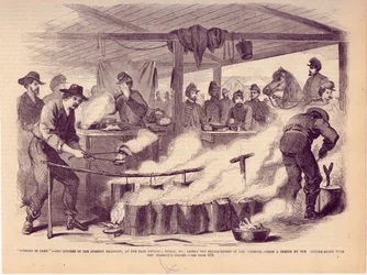 "Cozinhar no acampamento". - A Cozinha dos Dragões de Fremont, no recinto da Feira, Tipton, MO., Ultimamente a Sede do General Fremont.