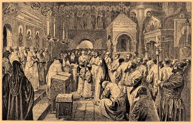 Coroação das duas crianças Romanov, Ivan V e Pedro I, 1682, século XIX