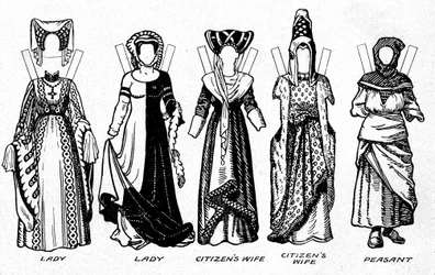 Trajes de homens e mulheres usados no período em que Henrique V reinou, c1934