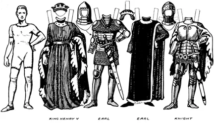 Trajes de homens e mulheres usados no período em que Henrique V reinou, c1934