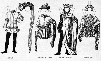 Trajes de homens e mulheres usados no período em que Henrique V reinou, c1934