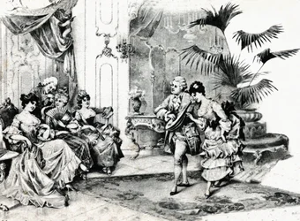 Dança da corte em fantasia Rococo. Por volta de 1900