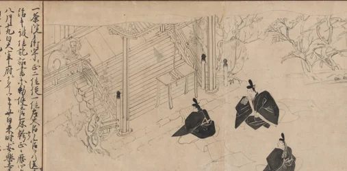 Os cortesãos visitam o templo mortuário de Sugawara no Michizane..., ca. 1300.