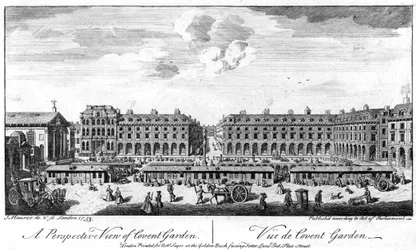 Covent Garden, Londres, mostrando barracas no centro da praça, 1753